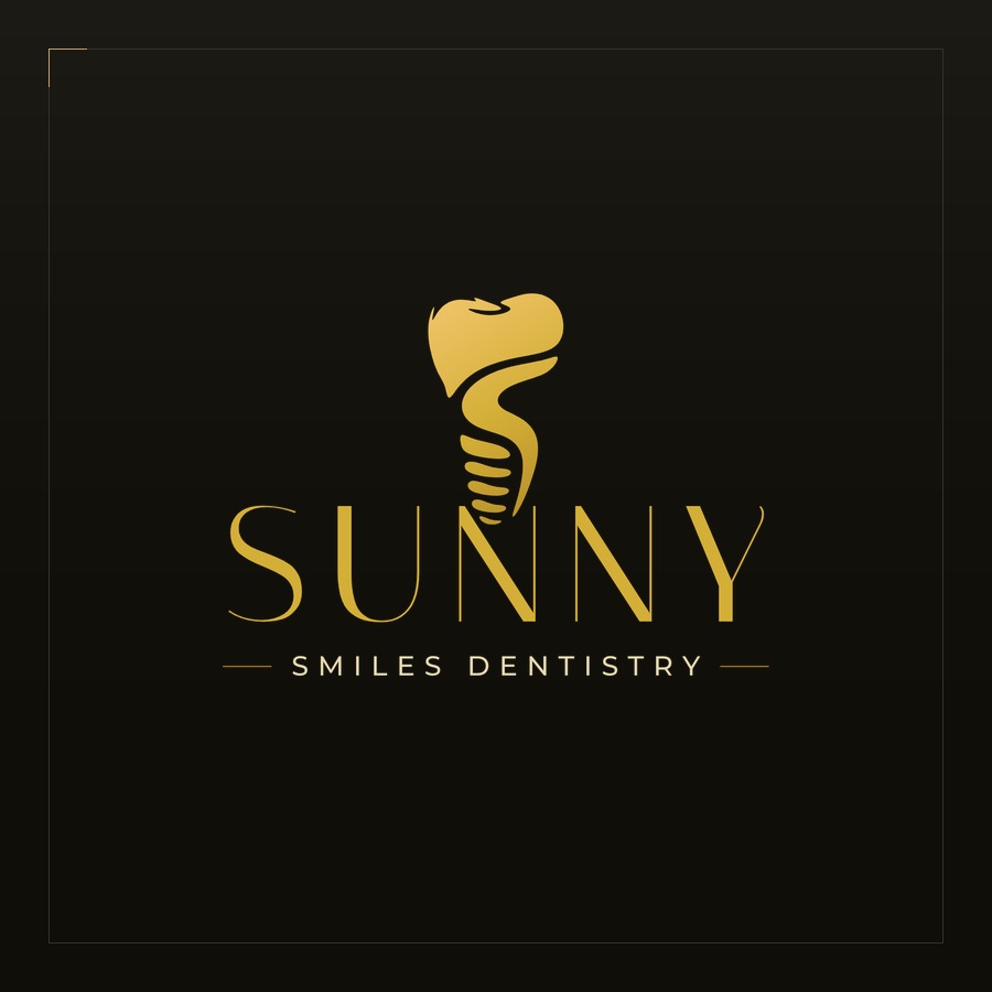 The Sunny Smiles Dentistry mark and wordmark in gold on black
