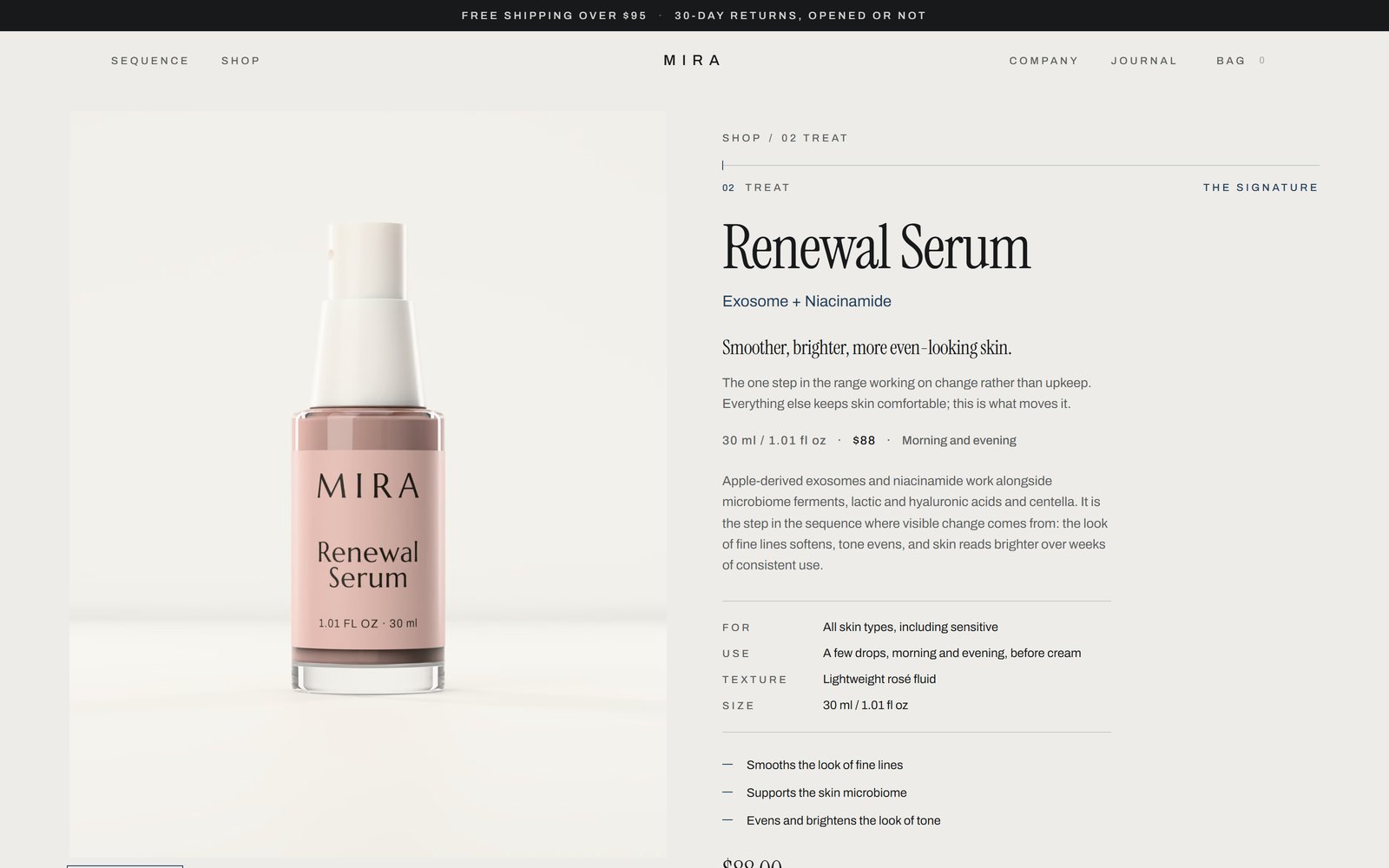 The MIRA Renewal Serum product page: the bottle wearing the production label on the left, and the stage, price, ingredients and directions on the right