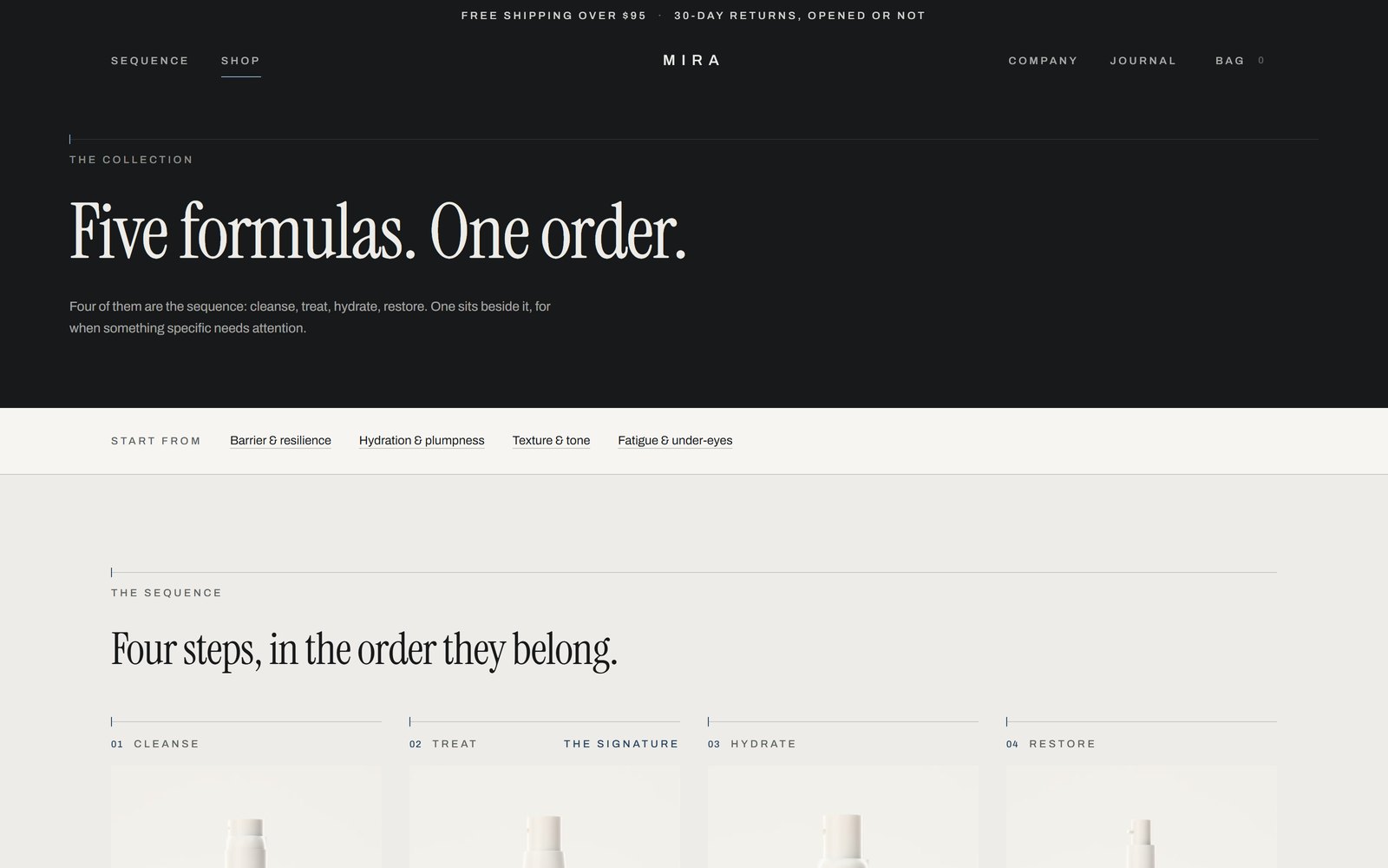 The MIRA shop page: Five formulas, one order, with a filter row by concern above the four numbered sequence steps