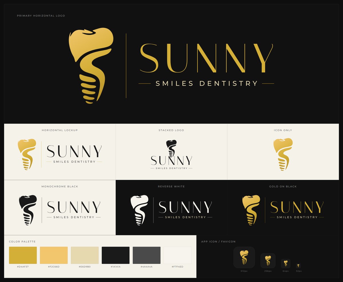 The Sunny Smiles identity system: primary horizontal logo, horizontal, stacked and icon-only lockups, monochrome black, reverse white and gold-on-black treatments, the six-colour palette and the app icon and favicon set