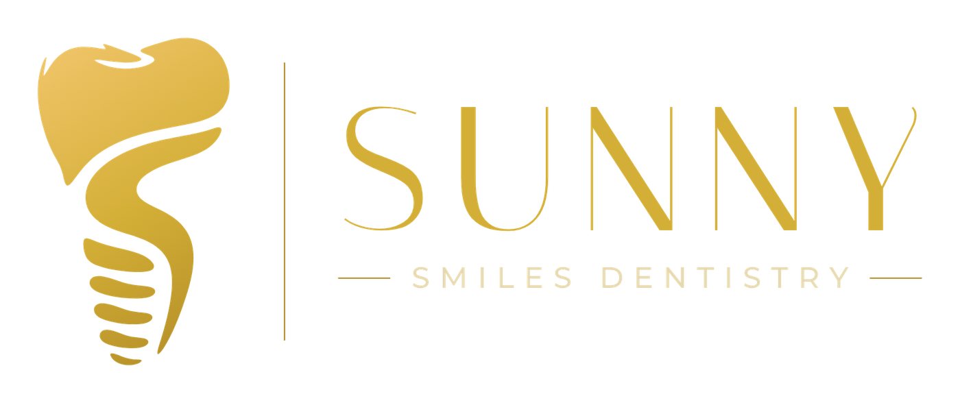 The Sunny Smiles Dentistry horizontal lockup: an implant-and-crown mark, a rule, and the SUNNY wordmark over SMILES DENTISTRY